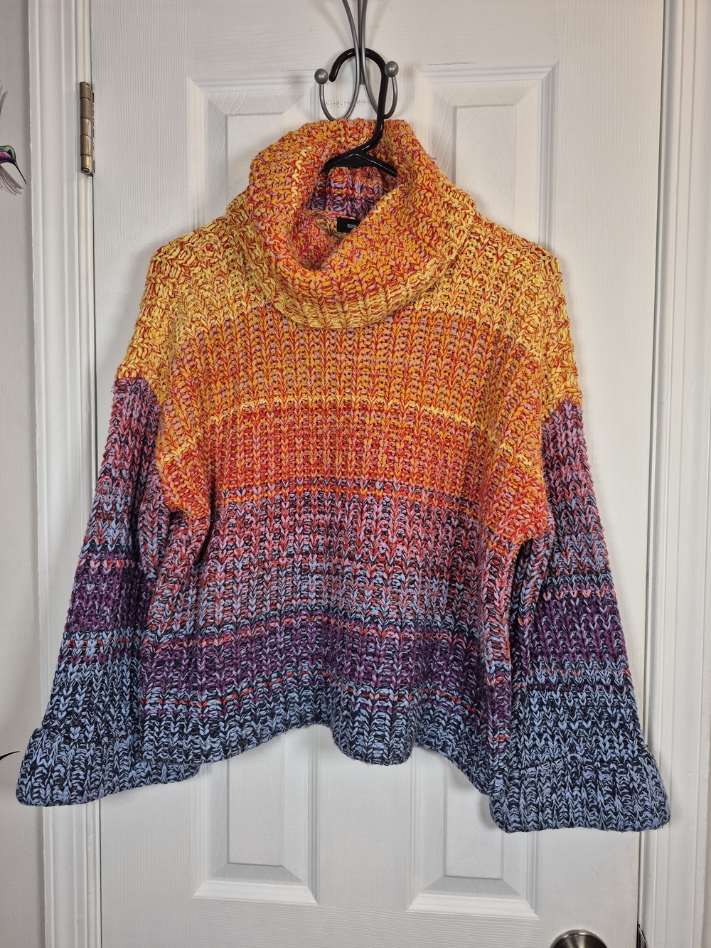 525 America Rainbow Chunky Knit Cowl Neck Ombre Sweater Kimono Flare Sleeve S